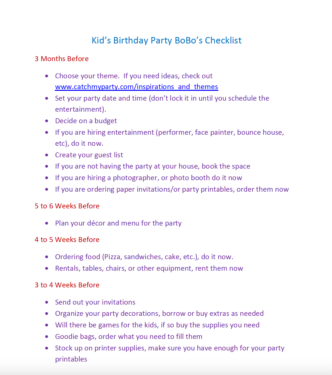 Shortened Birthday Party Checklist